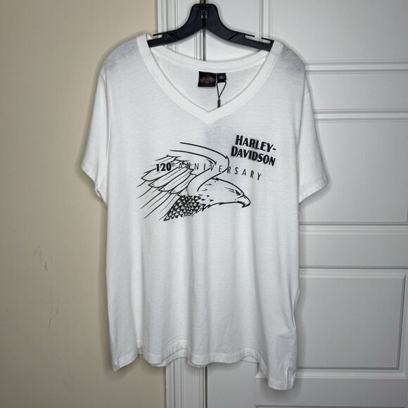 Harley-Davidson Tops - Harley Davidson Women's V Neck White Shirt 120th‎ Anniversary Large Eagle Design
